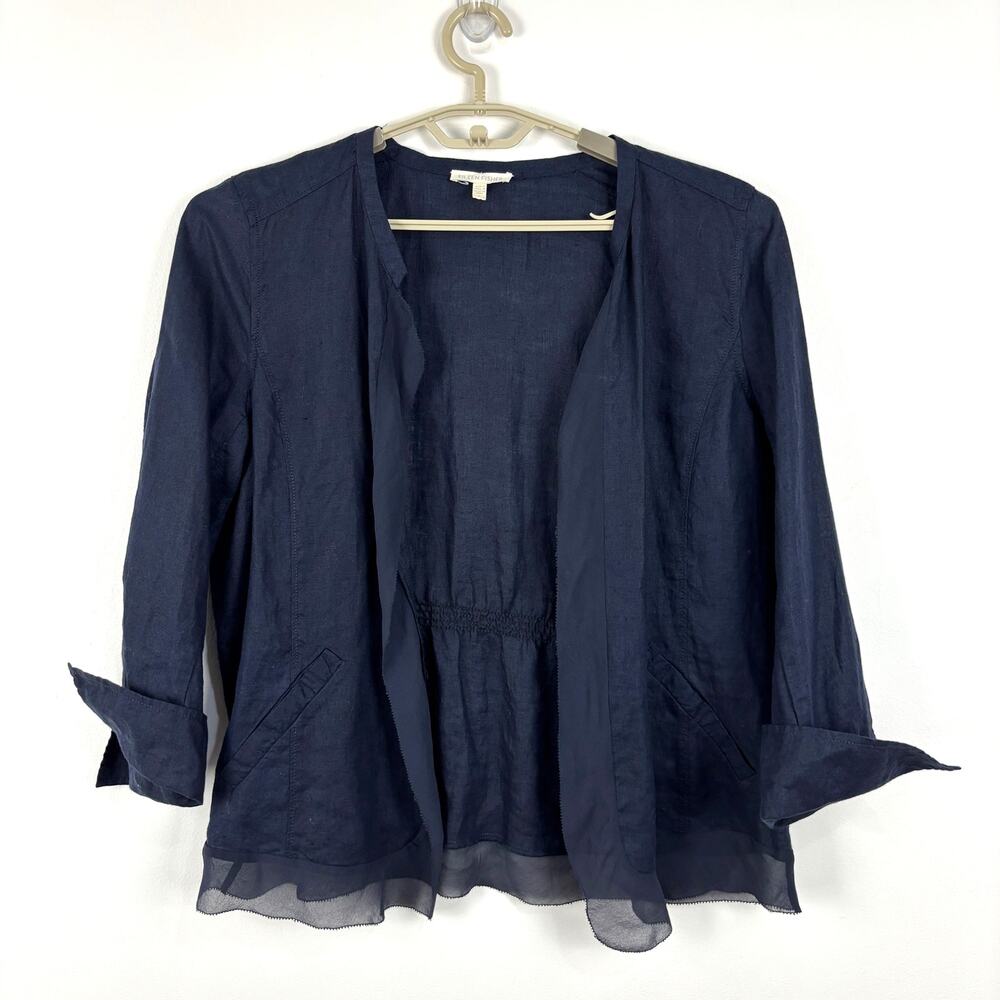 Eileen Fisher Navy Blue Irish Linen Jacket Large silk trim minimalist